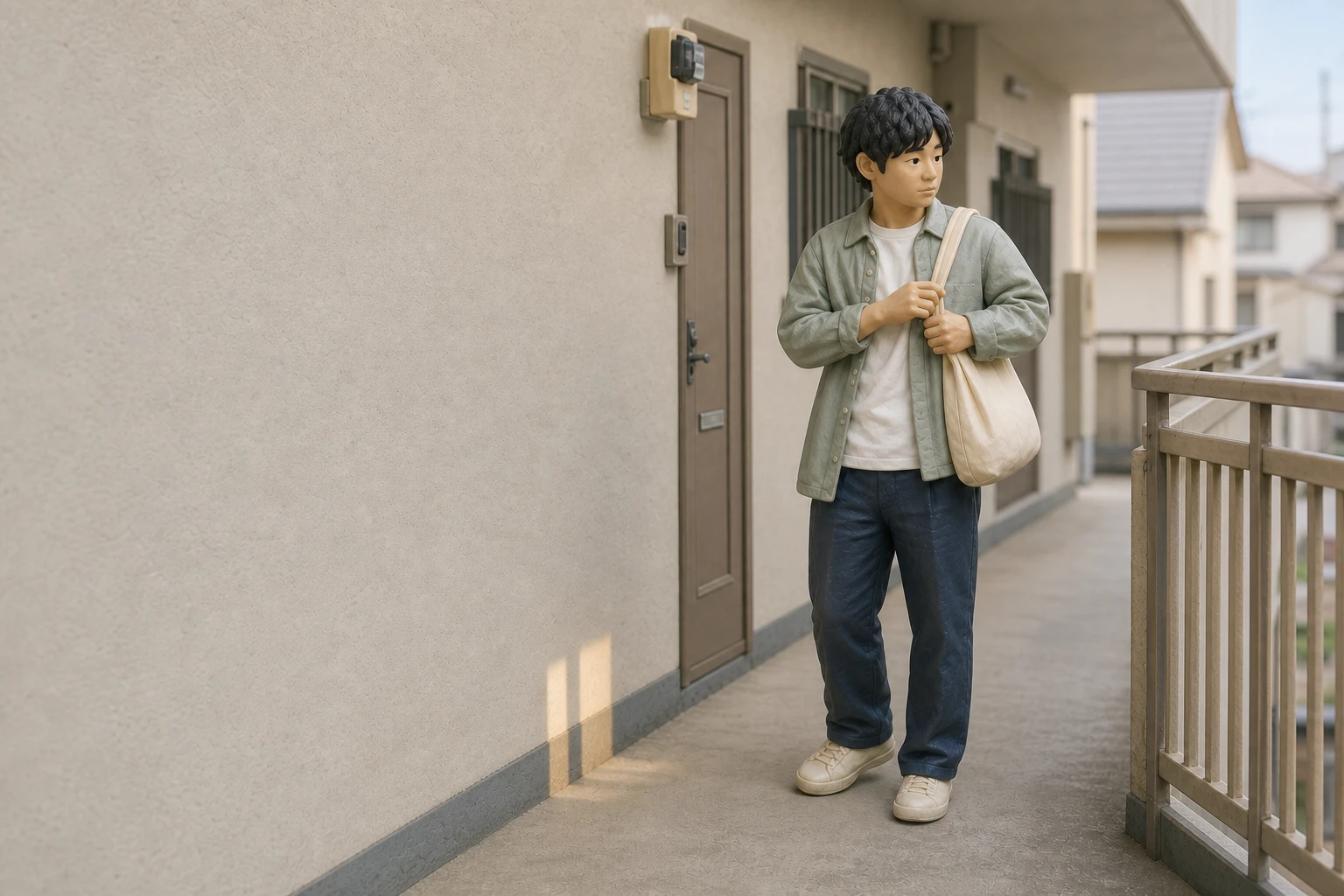出勤前の共用廊下でトートバッグを持ち直して立ち止まる若い会社員のイメージ